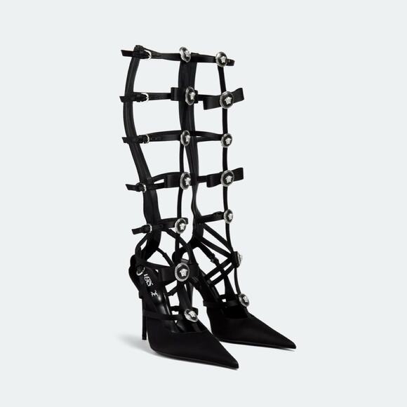 Versace Gianni Ribbon 39 US 9 Black Satin Knee High Cage Pumps Runway NIB $2,225 - Picture 1 of 14